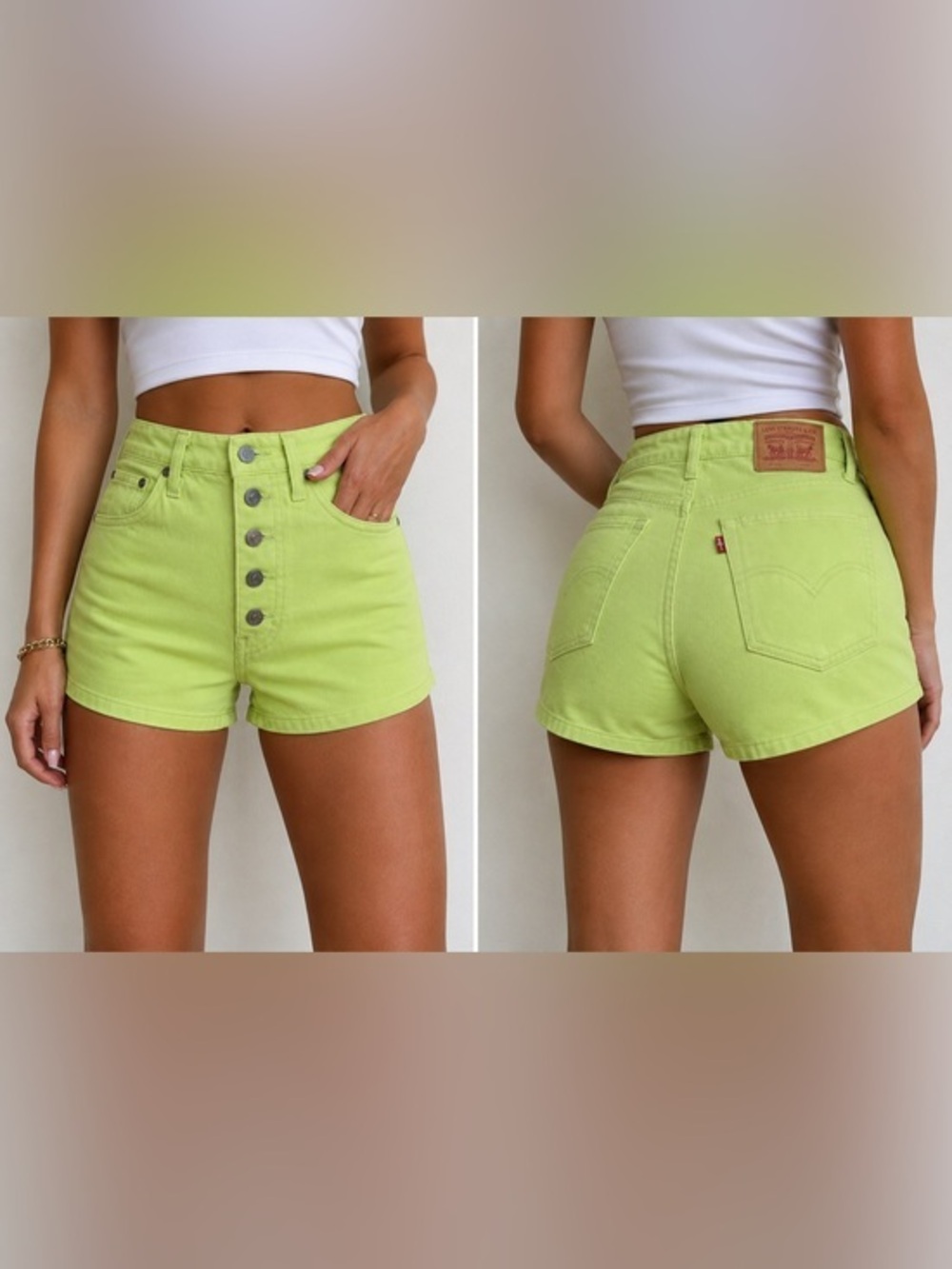 Levi’s High Waisted Mom Shorts Lime Green Button Fly Denim Festival Rare